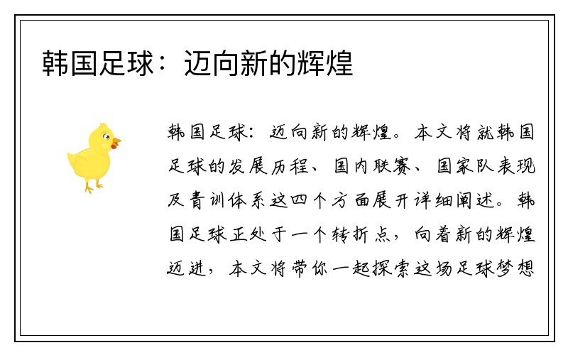 韩国足球：迈向新的辉煌